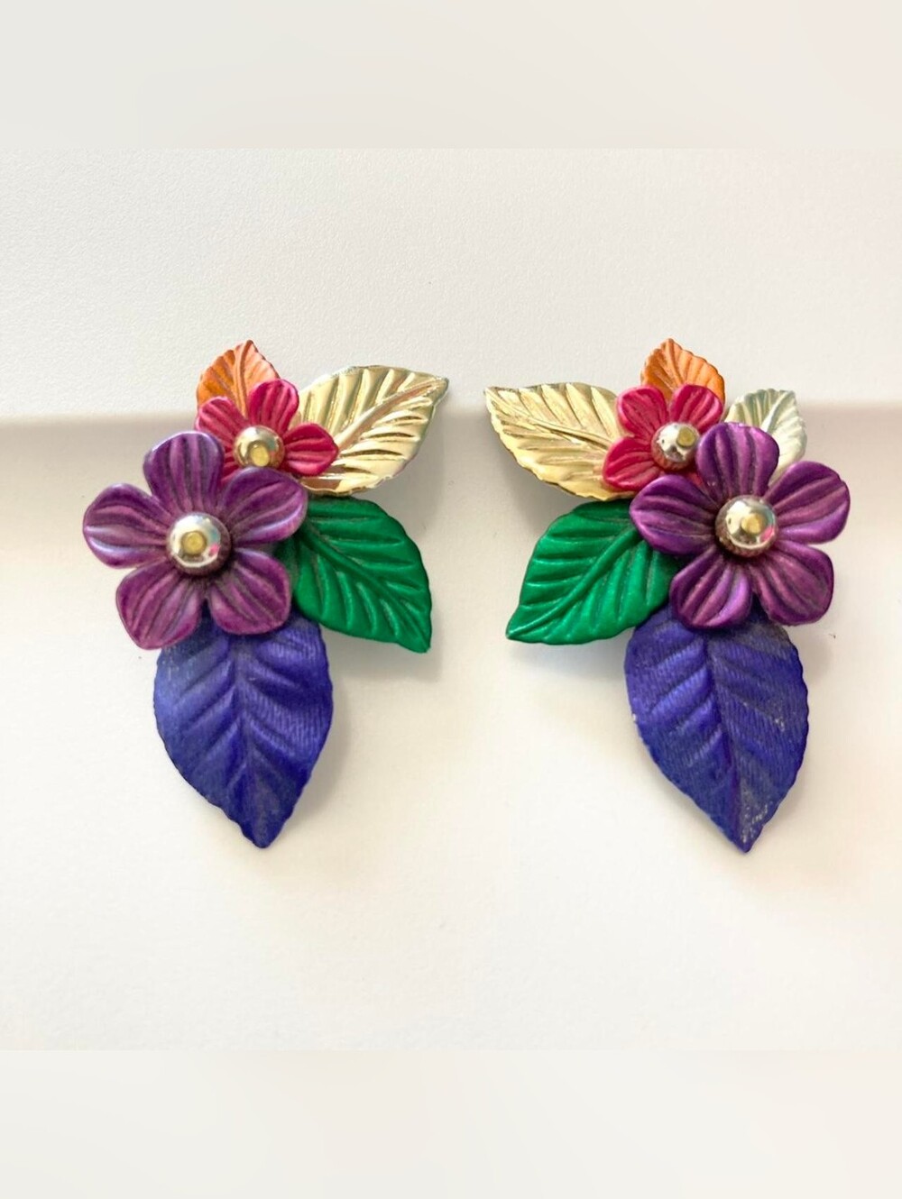 Colorful Floral Leaf Statement Earrings - Purple, Green & Gold